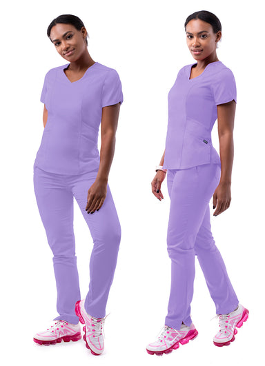 ADAR Pro Lavender color Women's Yoga Scrub Set.  Top has 4 pockets with V-neck line and fitted yoga pants Beyond Medwear Apparel