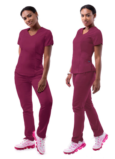 ADAR Pro Wine color Women's Yoga Scrub Set.  Top has 4 pockets with V-neck line and fitted yoga pants Beyond Medwear Apparel
